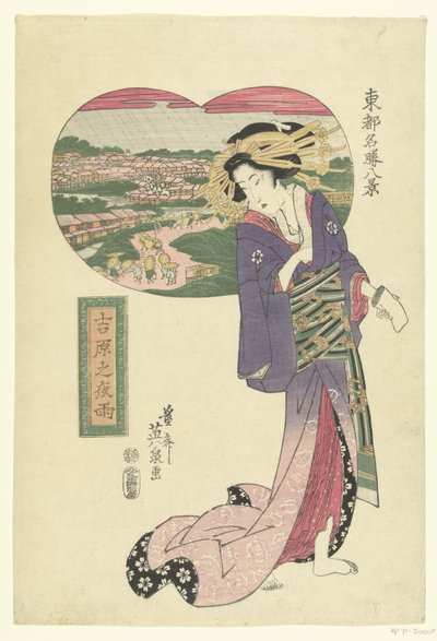 Nocny deszcz w Yoshiwara Yoshiwara no yau (tytuł na obiekcie) Osiem znanych twarzy Edo (tytuł serii) Toto meisho hakkei (tytuł serii na obiekcie) autorstwa Keisai Eisen