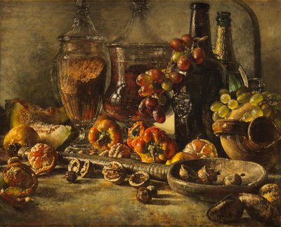 Martwa natura z owocami, orzechami i butelkami (olej na płótnie) autorstwa Kenneth Newton