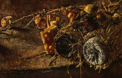 Martwa natura z serem i butelkami (olej na płótnie) autorstwa Kenneth Newton