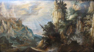"Krajobraz górski z wodospadem" autorstwa Kerstiaena de Keunincka, ok. 1600 r. autorstwa Kerstiaen de Keuninck