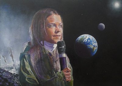 Greta przemawia (Obudź się, ludzkości!), 2022 (obraz) autorstwa Kevin Parrish