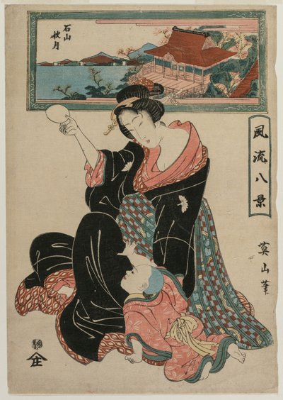 Jesienny księżyc w świątyni Ishiyamadera z cyklu Fashionable Eight Views, ok. 1900. 1814-17. autorstwa Kikugawa Eizan