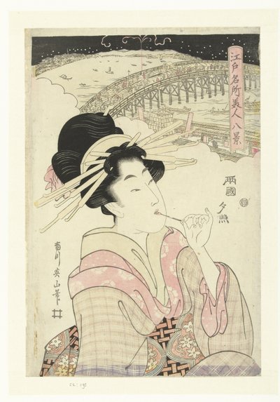 Wieczorny blask w Ryogoku Ryogoku no sekisho (tytuł na obiekcie) Osiem twarzy znanych miejsc i piękności w Edo (tytuł serii) Edo meisho bijin hakkei (tytuł serii) autorstwa Kikugawa Eizan