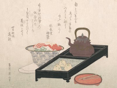 Naczynia do herbaty i miska do ciasta, XIX wiek. autorstwa Kikugawa Eizan