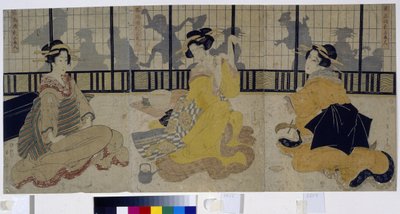Święto Trzech Piękności. (Święto Trzech Piękności). Grupa trzech kurtyzan (gejsza, geiko) z okresu Edo lub Tokugawa (1600-1868) w herbaciarni (ochaya). Praca Kikukawy Eizana (1787-1867), drzeworyt (druk) 1814. Sztuka i autorstwa Kikukawa Eizan