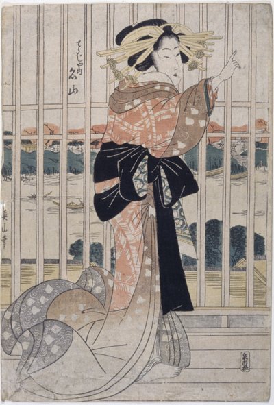 The Courtesan Meizan Of The Chōjiya (kolorowy drzeworyt) autorstwa Kikukawa Eizan
