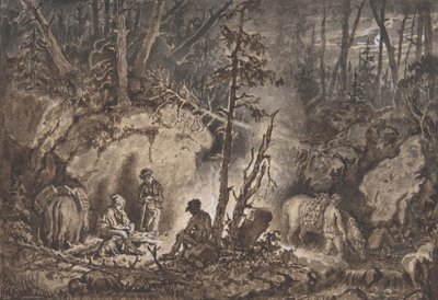 Łowcy odpoczywający w lesie w nocy, 1830-60. autorstwa Kilian Christoffer Zoll