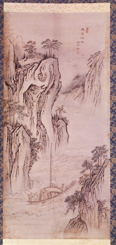 Art coreen: powrót Mu-i. Coreen krajobraz z łodzią i stromym urwiskiem. Rycina Kim Hong do lub Danwon (1745-ok. 1806). 1760. Kolekcja Hyung Pil Chun. autorstwa Kim Hong Do