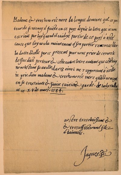 List króla Jakuba VI 1566-1625 do jego matki, królowej Marii 1542-1587, 1584-5 autorstwa King James I