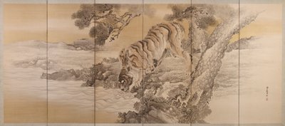 Sześciokrotny parawan przedstawiający pijącego tygrysa, 1749-1838 autorstwa Kishi Ganku