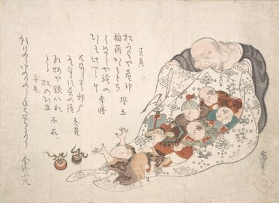 Hotei otwiera swoją torbę pełną małych chłopców, ca. początek XIX wieku. autorstwa Kita Busei
