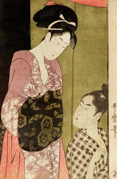 Mężczyzna malujący kobietę (drewnodruk) autorstwa Kitagawa Utamaro