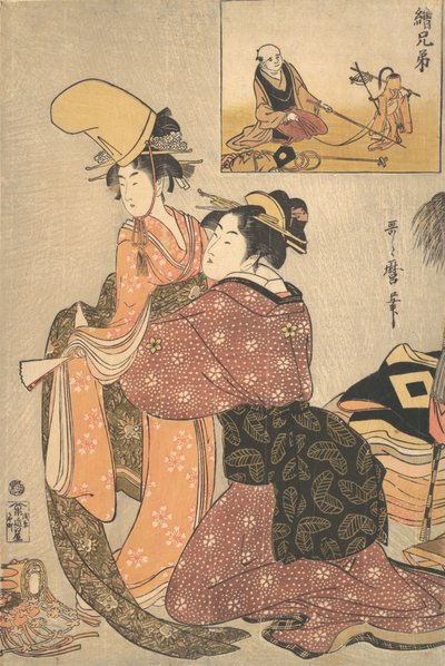 Kobieta ubierająca dziewczynę do tańca kabuki „Musume Dojoji..., ca. 1795-96. autorstwa Kitagawa Utamaro