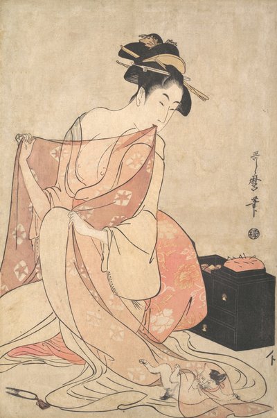 Kobieta i kot, ca. 1793-94. autorstwa Kitagawa Utamaro