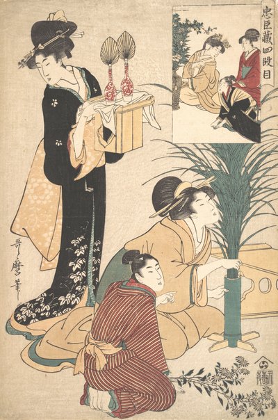 Kobieta i mężczyzna układają kwiaty na Święto Księżyca Tsukimi, 1802. autorstwa Kitagawa Utamaro