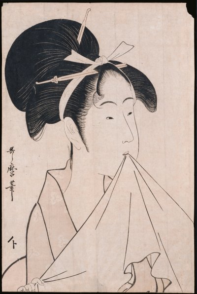 Portret popiersia Okity z Naniwaya trzymającej w zębach ręcznik i rozciągającej materiał autorstwa Kitagawa Utamaro