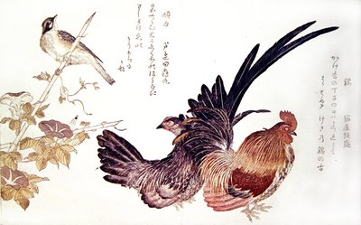 Domowa kura i kogut oraz japońskie chorągiewki na pędzie bambusa, ok. 1791 (kolorowy drzeworyt) autorstwa Kitagawa Utamaro