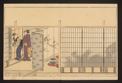 Impreza w domu z dwiema kobietami po lewej autorstwa Kitagawa Utamaro