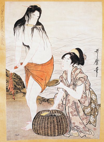 Awabi (mięczaki) rybacy w wodzie, grafika ukiyo-e autorstwa Kitagawa Utamaro (1753-1806), drzeworyt, cywilizacja japońska, okres Edo autorstwa Kitagawa Utamaro
