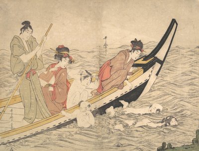 Impreza na łódce z pływającymi dziećmi, koniec XVIII wieku. autorstwa Kitagawa Utamaro