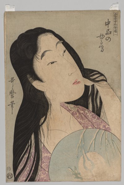 Popiersie kobiety z wachlarzem trzymającym luźne włosy, 1753-1806. autorstwa Kitagawa Utamaro