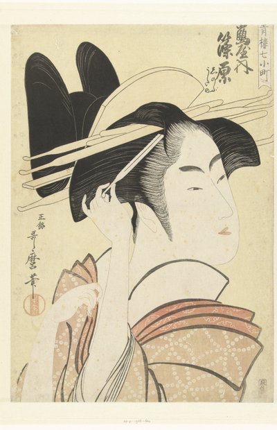 Portret popiersia kurtyzany Shinowary z domu Tsuruya. Tsuruya uchi Shinowara (tytuł na obiekcie) Siedem Komachi z domów rekreacyjnych (tytuł serii) Seiro nana Komachi (tytuł serii na obiekcie) autorstwa Kitagawa Utamaro