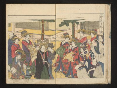 Kurtyzany i widzowie podczas parady noworocznej autorstwa Kitagawa Utamaro
