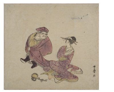 Daikoku (stojący) w rozmowie z siedzącą damą, ok. 1758-1806 (drewnodruk na papierze) autorstwa Kitagawa Utamaro