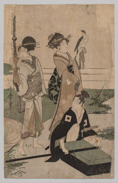 Daimyō i jego orszak przekraczający strumień na równinie niedaleko Fuji autorstwa Kitagawa Utamaro