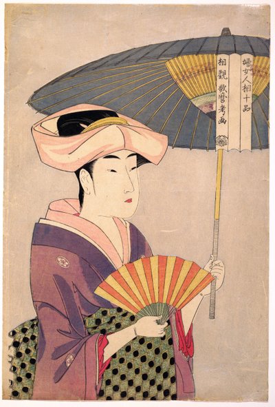 Femme tenant un parasol - Kobieta trzymająca parasolkę, z serii Dziesięć typów w Physiognomic Study of Women par Utamaro, Kitagawa (1753-1806), ok. 1930. 1793 - Drzeworyt kolorowy, 38,1x25,7 - Kolekcja prywatna autorstwa Kitagawa Utamaro