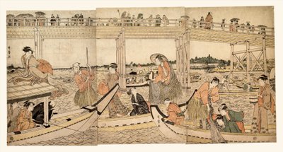Łodzie rybackie z sieciami pod mostem Ryōgoku autorstwa Kitagawa Utamaro