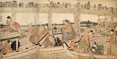 Łodzie rybackie z sieciami pod mostem Ryogoku, lata 90. XVIII wieku. autorstwa Kitagawa Utamaro