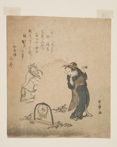 Fox Catching a Woman (kolorowy drzeworyt) autorstwa Kitagawa Utamaro