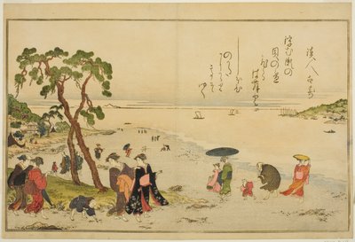 Zbieranie muszli podczas odpływu, z ilustrowanej książki „Prezenty z odpływu (Shiohi no tsuto)” autorstwa Kitagawa Utamaro