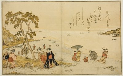 Zbieranie muszli podczas odpływu, z ilustrowanej książki „Prezenty z odpływu (Shiohi no tsuto)” autorstwa Kitagawa Utamaro