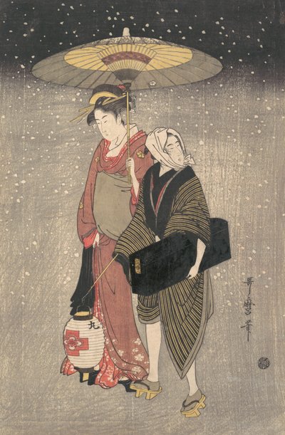 Gejsza Spacerując po śniegu nocą, ca. 1797. autorstwa Kitagawa Utamaro