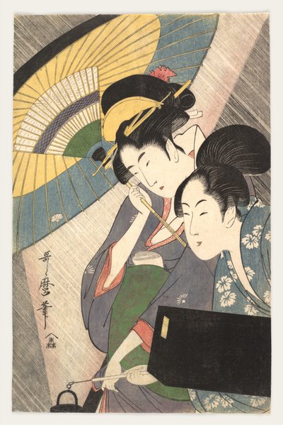 Gejsza i jej asystentka w deszczową noc autorstwa Kitagawa Utamaro