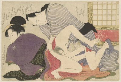 Gejsza i kochanka w wolnostojącym parawanu Negai no itoguchi (tytuł serii) autorstwa Kitagawa Utamaro