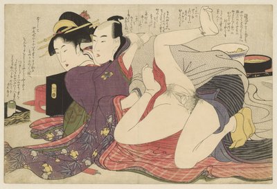Gejsza w kimonie z długim rękawem i jej ukochany Negai no itoguchi (tytuł serii) autorstwa Kitagawa Utamaro