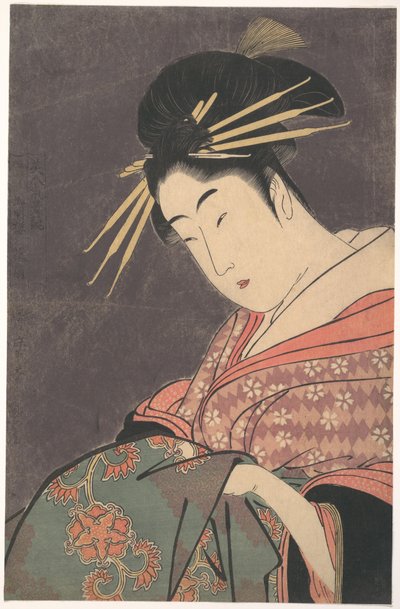 „Hanaōgi z Gomeirō”, z serii Porównanie wdzięków piękności (Bijin kiryō kurabe: Gomeirō Hanaōgi) autorstwa Kitagawa Utamaro