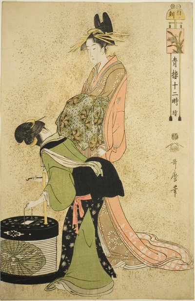 Godzina koguta (Tori no koku), z serii „Dwanaście godzin w Yoshiwara (Seiro juni toki tsuzuki)” autorstwa Kitagawa Utamaro