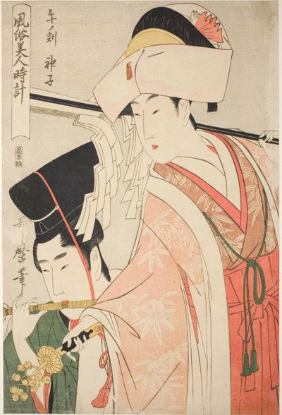 Godzina Konia [12 rano], Kapłanka (Uma no koku, miko), z cyklu „Zwyczajności piękności wokół zegara” („Fuzoku bijin tokei”) autorstwa Kitagawa Utamaro