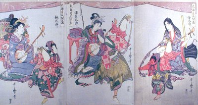 Kintaro, Urashimataro i Momotaro, z tryptyku "Zestaw trzech pucharów na pierwszy miesiąc (Tarozuki mitsugumi sakazuki)". autorstwa Kitagawa Utamaro