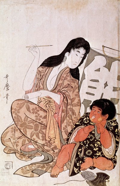 Kaligraf Kintaro i Yamauba, seria: Japońska grafika Yamauba i Kintaro autorstwa Utamaro Kitagawy (1753-1806). Słońce. 0,38x0,26m. 1790-1806. Paryż, Muzeum Guimet, Narodowe Muzeum Sztuki Azjatyckiej autorstwa Kitagawa Utamaro