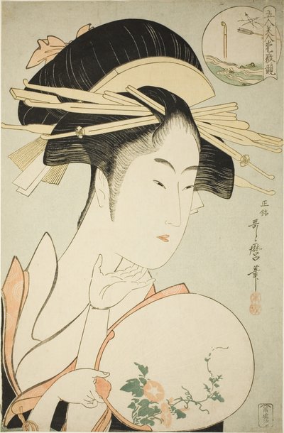 Kisegawa z Matsubaya z serii „Porównanie uroków pięciu piękności (Gonin bijin aikyo kurabe)” autorstwa Kitagawa Utamaro