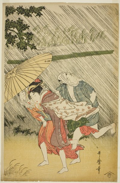 Влюбленные под зонтиком, c.1797 (цветная гравюра на дереве; обан) autorstwa Kitagawa Utamaro