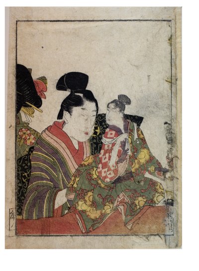 Sceny marionetek z manipulatorami płci męskiej i żeńskiej, ok. 1930 r. 1758-1806 (drewnodruk na papierze) autorstwa Kitagawa Utamaro