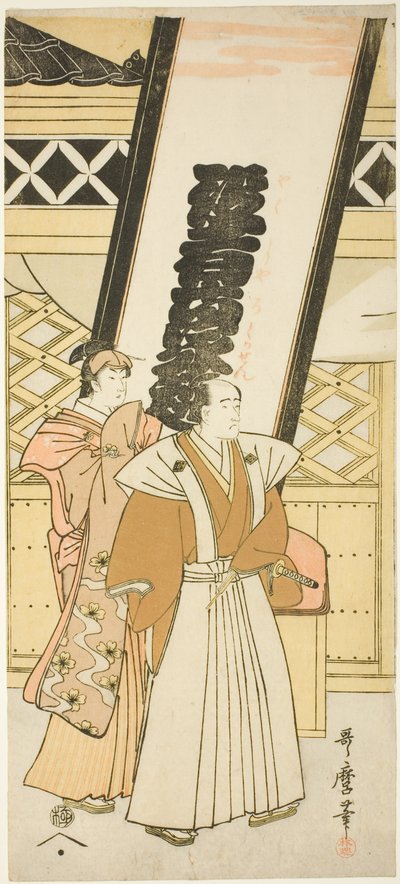 Matsumoto Koshiro IV i Nakayama Tomisaburo, lewa strona tryptyku zatytułowanego „Sześciu aktorów podobnych do nieśmiertelnych poetów” („Yakusha Rokkasen”) autorstwa Kitagawa Utamaro