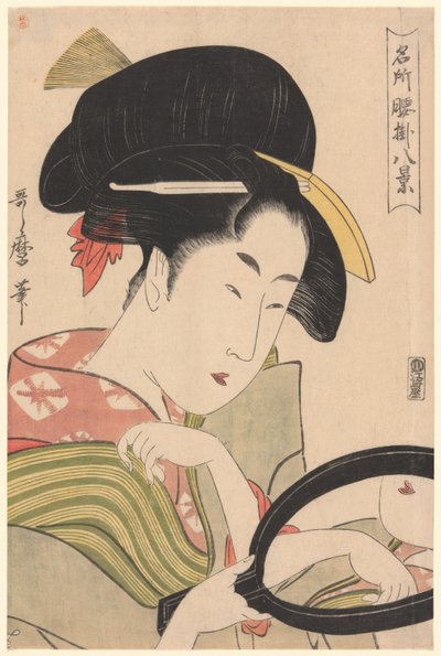 Lustro z serii „Osiem widoków straganów z herbatą w celebrowanych miejscach” („Meisho koshikake hakkei”) autorstwa Kitagawa Utamaro