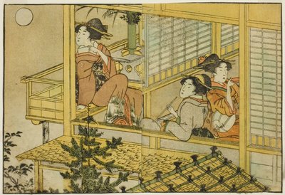 Moon-Viewing Party, z ilustrowanej książki „Picture Book: Flowers of the Four Seasons (Ehon shiki no hana)”, tom. 2 autorstwa Kitagawa Utamaro